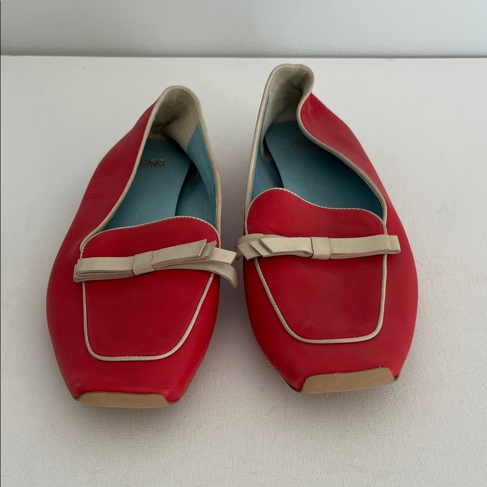 Frances Valentine Suzanne Loafer in Red Soft Calf with Cream Bow Accent